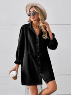 VYSN button-up mini denim dress with flounce sleeves, casual clothing fashion, front view showing classic denim fabric and stylish design.