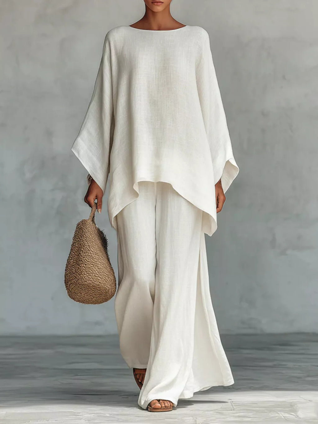Plus size full size round neck top and wide leg pants set by Trendsi, featuring a comfortable, stylish matching pant set.
