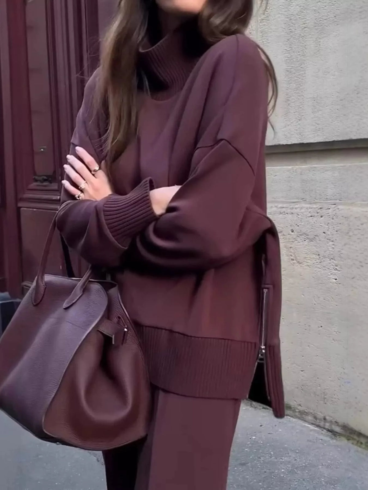Trendsi turtleneck dropped shoulder top and matching pants set, stylish and comfortable coordinated outfit with a relaxed fit.