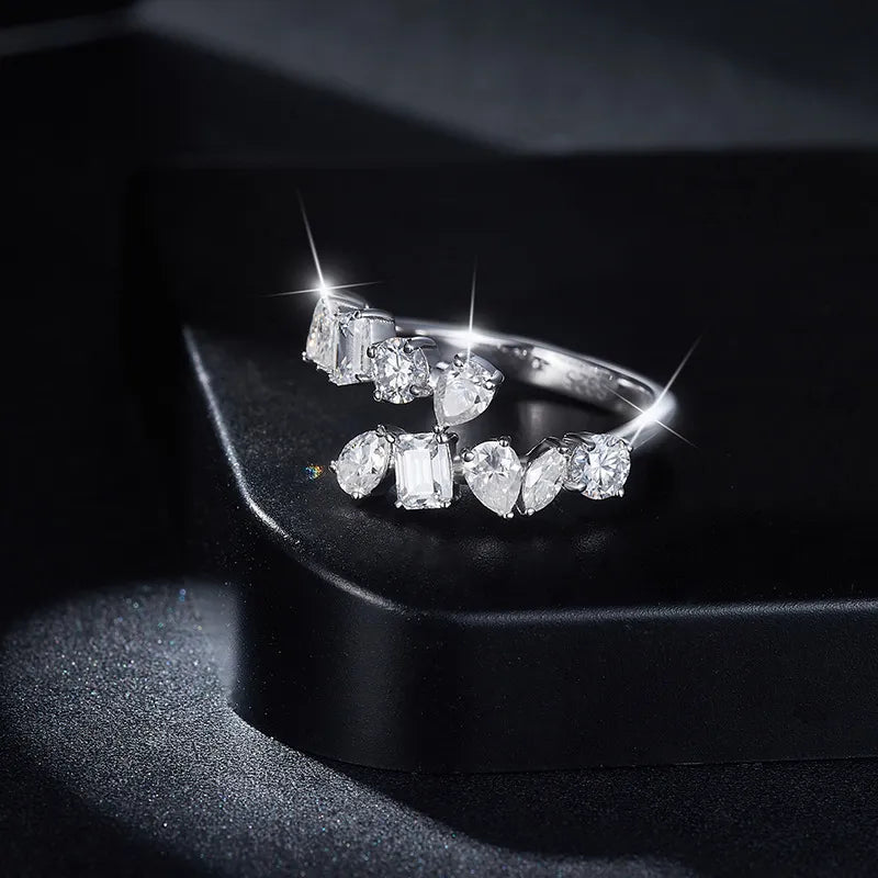 Sterling silver bypass ring with 2.6 carat moissanite gemstone, elegant jewelry design by Shopimist
