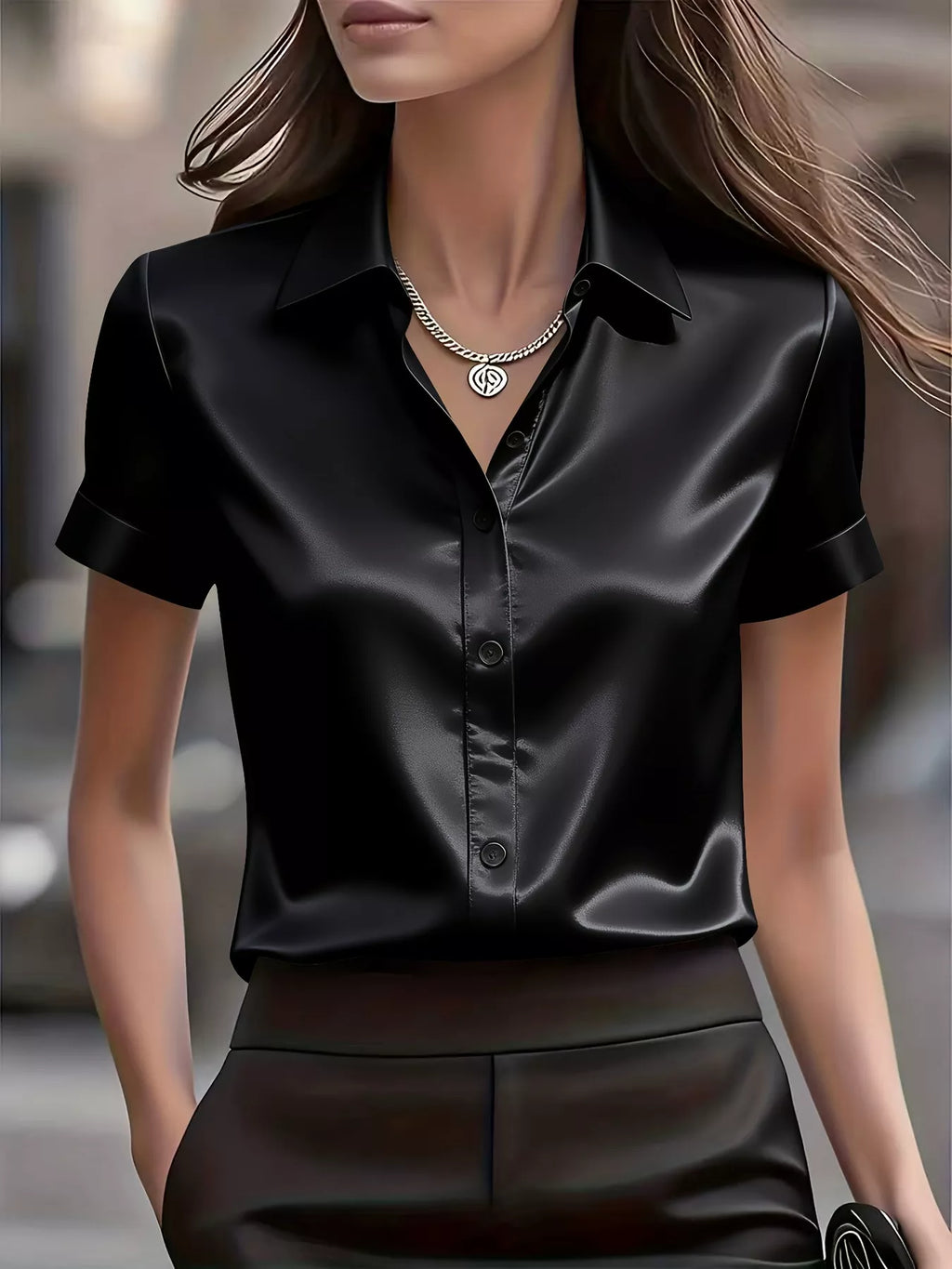 Satin short-sleeve shirt by Trendsi, featuring a smooth fabric and classic fit, displayed on a hanger.