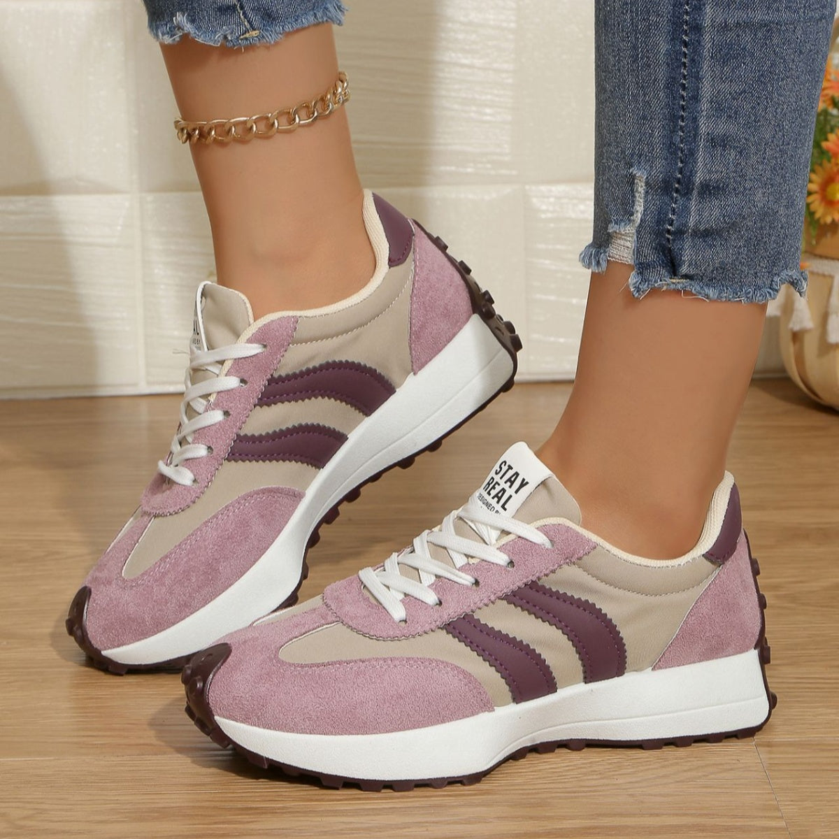 Women's round toe lace-up flat sneakers by Plush Fashion Hub, featuring comfortable PU leather material and casual style.