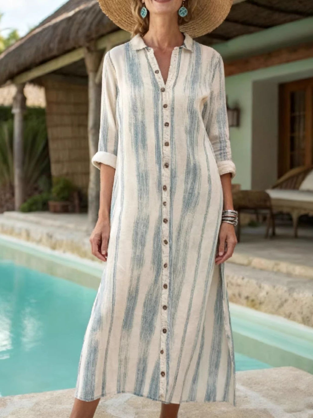 Classic striped button-down midi dress with pockets, stylish women's dress by Trendsi, featuring a midi length and casual design.