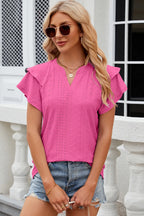 Light pink eyelet notched flutter sleeve T-shirt by Trendsi featuring soft fabric and stylish flutter sleeves, perfect for casual wear.