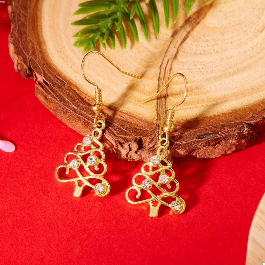 18K gold-plated rhinestone Christmas tree dangle earrings with sparkling stones and festive holiday design.