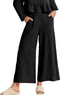 Women's ruffled hem long sleeve top and pants lounge set with pockets, stylish and comfortable 2-piece outfit by Trendsi.