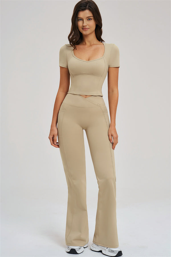 Fitglutes activewear flared leggings and T-shirt set, stylish gymwear with comfortable fit for workout and casual wear.