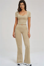 Fitglutes activewear flared leggings and T-shirt set, stylish gymwear with comfortable fit for workout and casual wear.