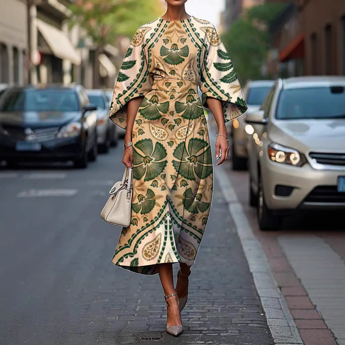 Flowy maxi dress with geometric print, batwing sleeves, casualwear style from Plush Fashion Hub in XS–XXXL size range.