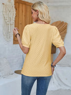 Plush Fashion Hub eyelet asymmetrical neck short sleeve T-shirt, casual top with unique eyelet detailing and modern neckline design.
