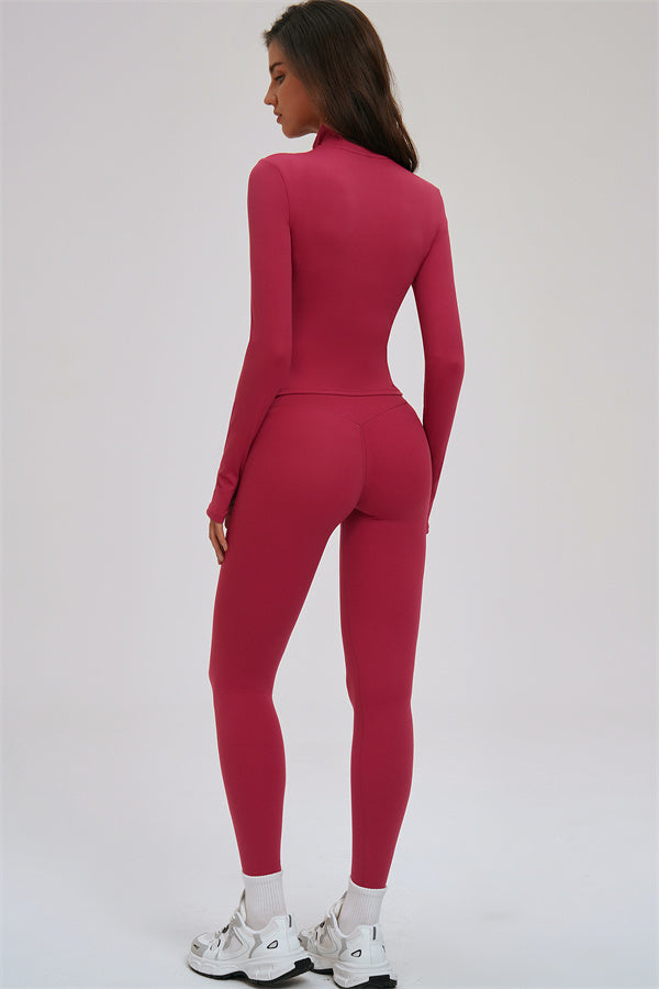 Fitglutes activewear 3-piece set with kinetic zip jacket, cross-back sports bra, and leggings for workout and gym activities.