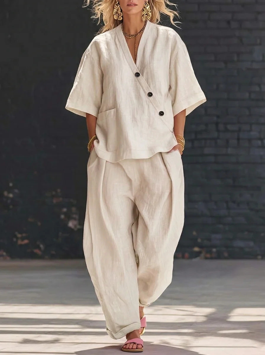 Plush Fashion Hub V-neck short sleeve top and high-waist trousers two-piece set, stylish and comfortable casual outfit.
