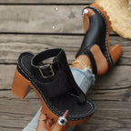 Shopimist toe loop block heels sandals featuring stylish straps and a chunky heel, perfect for casual or dressy occasions.