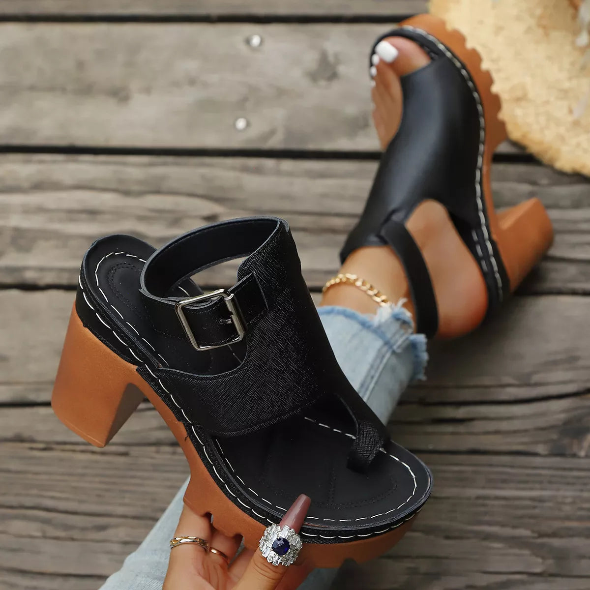 Shopimist toe loop block heels sandals featuring stylish straps and a chunky heel, perfect for casual or dressy occasions.