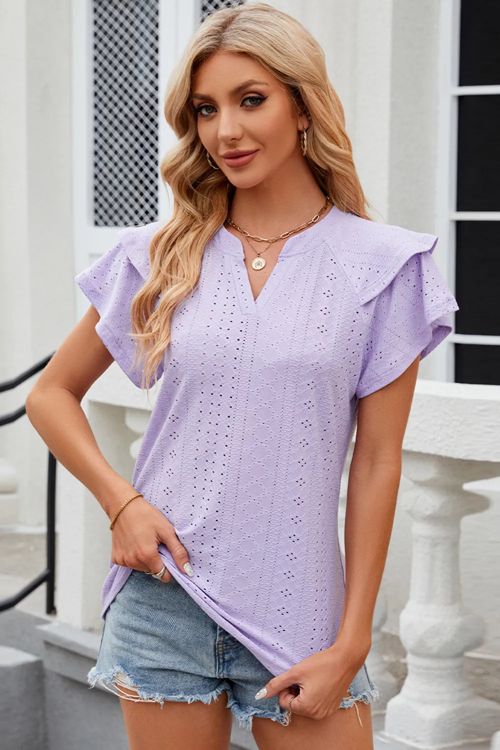 Trendsi eyelet notched flutter sleeve T-shirt in soft fabric, featuring short flutter sleeves and a stylish notched neckline.