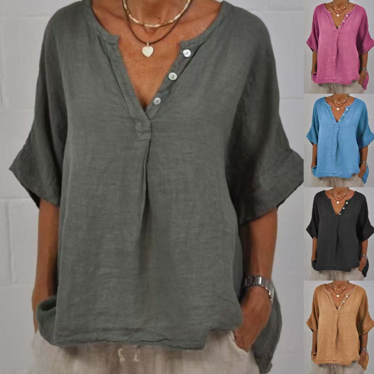 Women's cotton linen V-neck button-up shirt by FitiqueFit, casualwear, shown in natural fabric and relaxed fit.