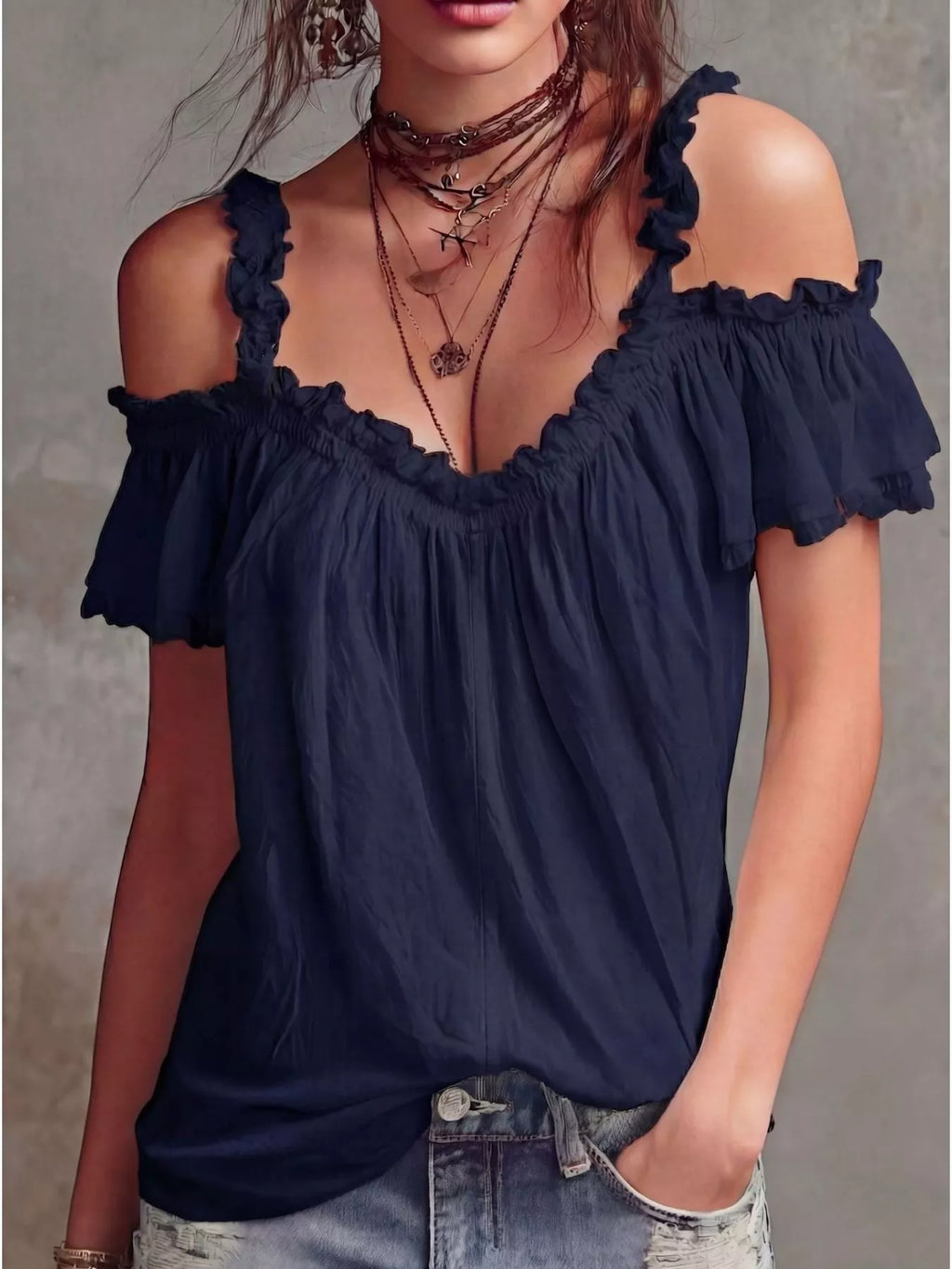 Plush Fashion Hub frill cold shoulder blouse with ruffled sleeves and lightweight fabric, ideal for casual or semi-formal wear.