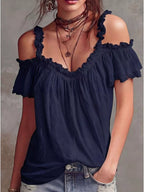 Plush Fashion Hub frill cold shoulder blouse with ruffled sleeves and lightweight fabric, ideal for casual or semi-formal wear.