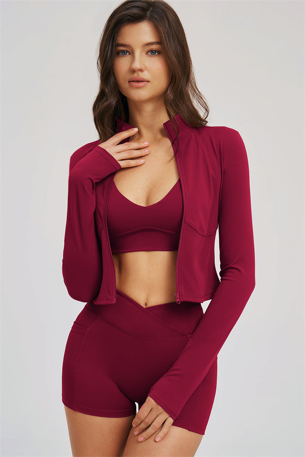 Fitglutes Activewear Sizzle Zip Jacket, sports bra, and shorts 3-piece set designed for workout and gym wear.