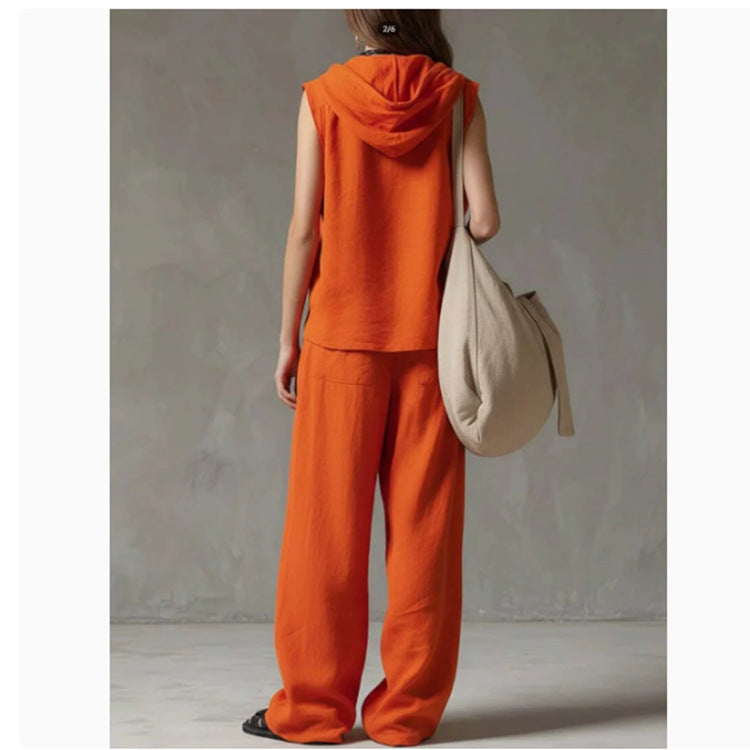 FitiqueFit sleeveless hooded top and wide-leg pants set, high-waist casualwear two-piece outfit, shown in a relaxed fit.
