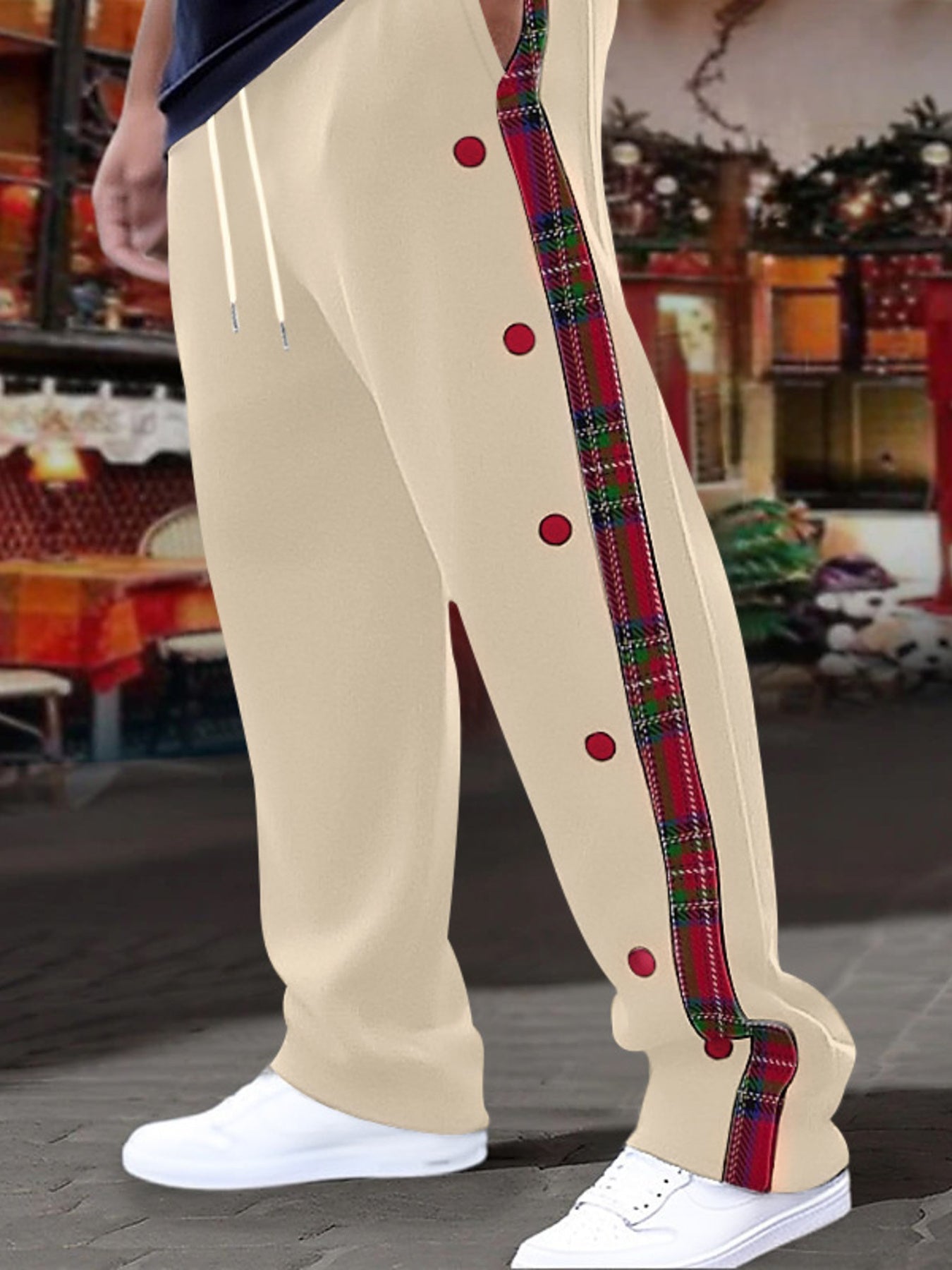 Men's plus size plaid trim track pants with snap buttons, made by Shopimist, featuring a full-length design and sporty style.