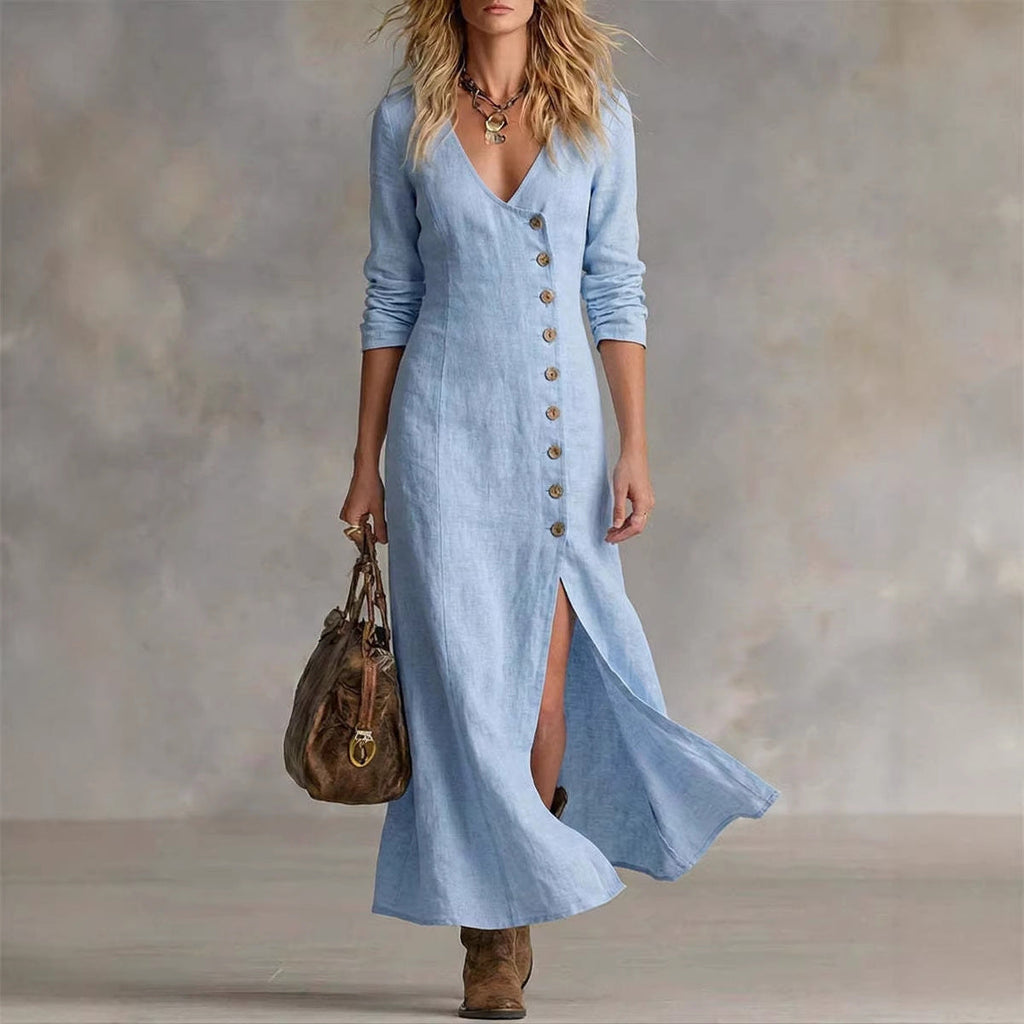 Casual cotton linen long sleeve women's dress by FitiqueFit, featuring a relaxed fit and natural fabric in soft neutral tones.