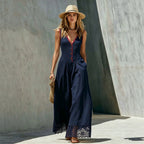 Women's lace-spliced casual jumpsuit by FitiqueFit, sleeveless with high waist, straight leg, and convenient pockets.