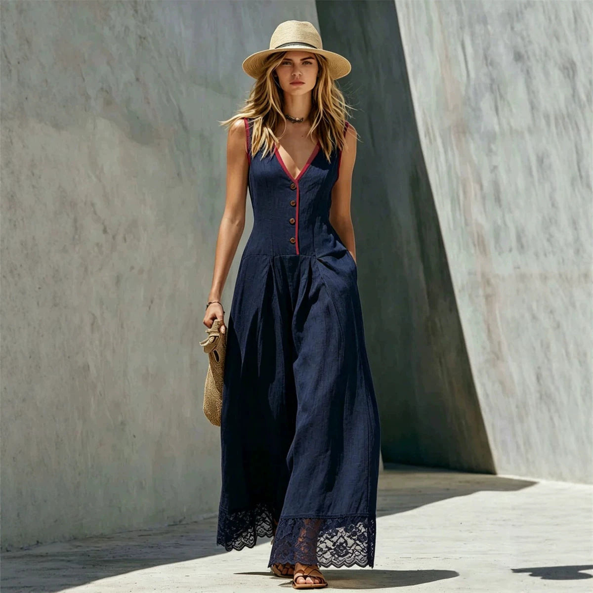 Women's lace-spliced casual jumpsuit by FitiqueFit, sleeveless with high waist, straight leg, and convenient pockets.