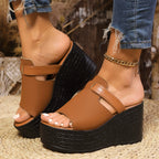Women's open toe wedge sandals by Trendsi featuring stylish PU leather straps and comfortable high heel design.