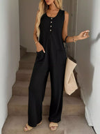 Plush Fashion Hub sleeveless button-front wide-leg jumpsuit with a comfortable, chic design, shown in a stylish romper style.