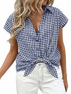 Women's gingham print button-down shirt with tie detail, casual classic style from Trendsi, shown in a front view.