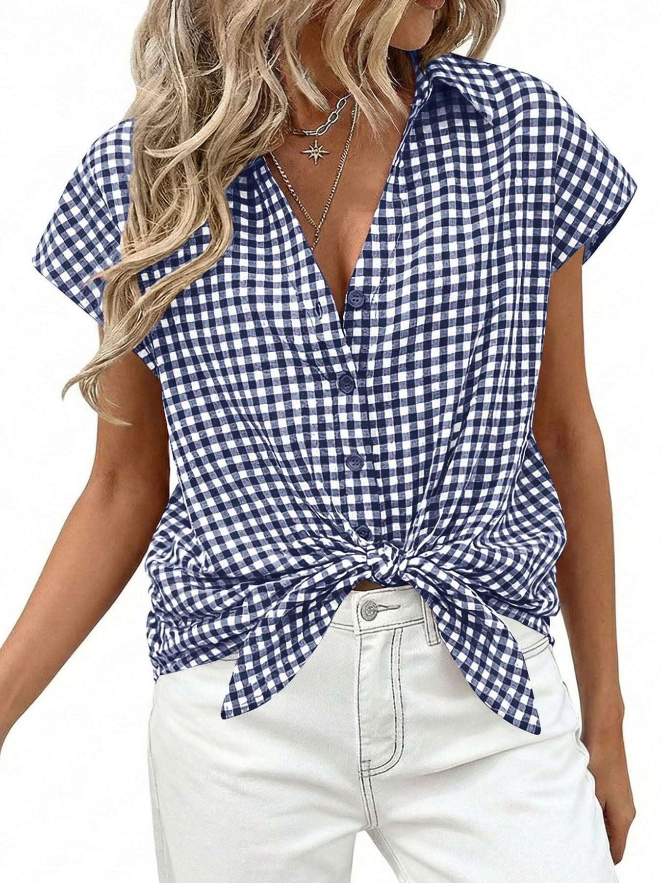 Women's gingham print button-down shirt with tie detail, casual classic style from Trendsi, shown in a front view.