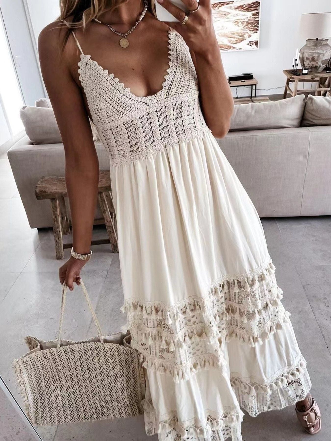 Plus size bohemian cami dress with crochet and tassel trim, flowy midi summer dress from Trendsi.