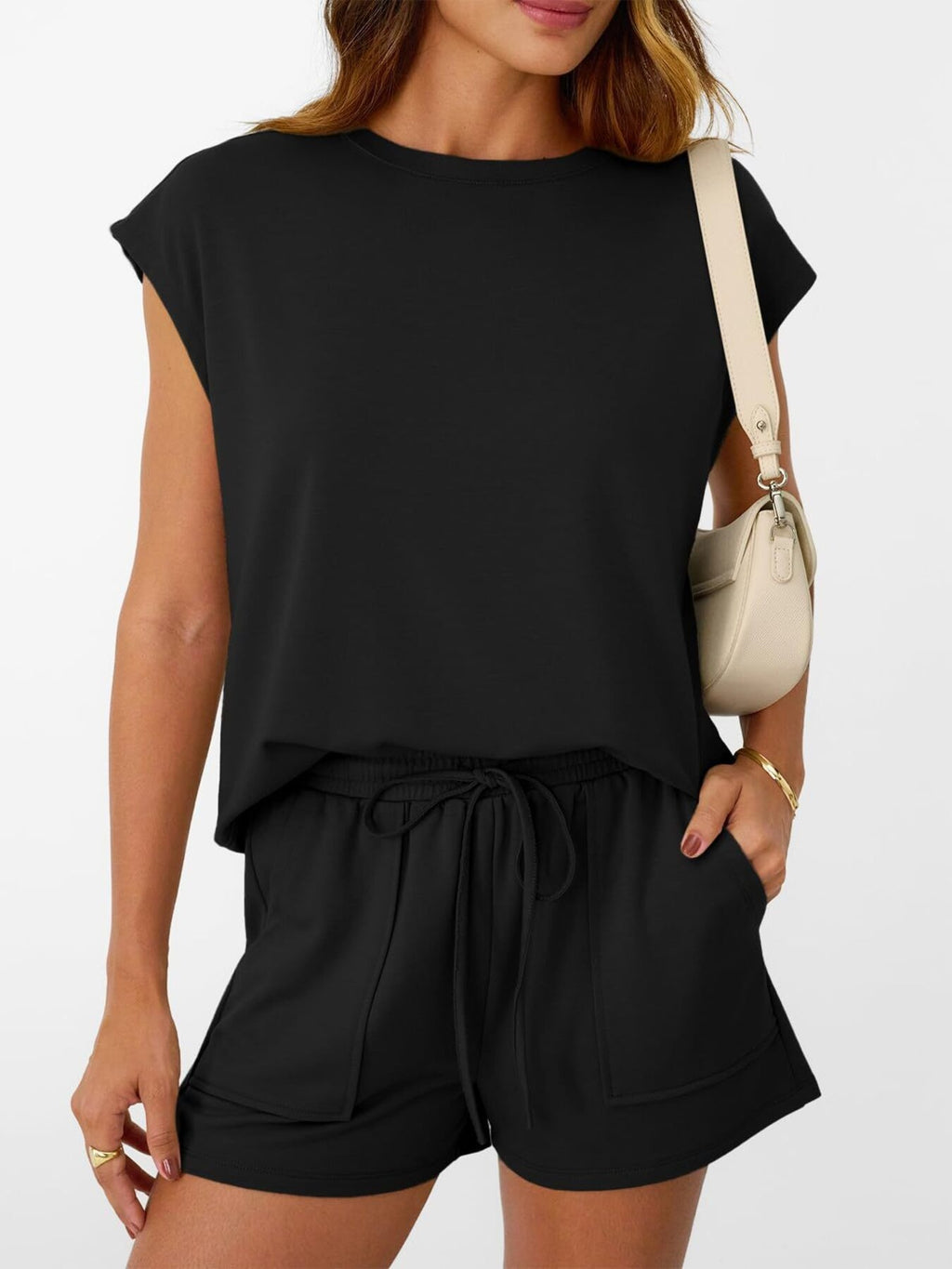Soft round neck women's lounge set with cap sleeves and drawstring shorts, stylish 2-piece from Plush Fashion Hub.