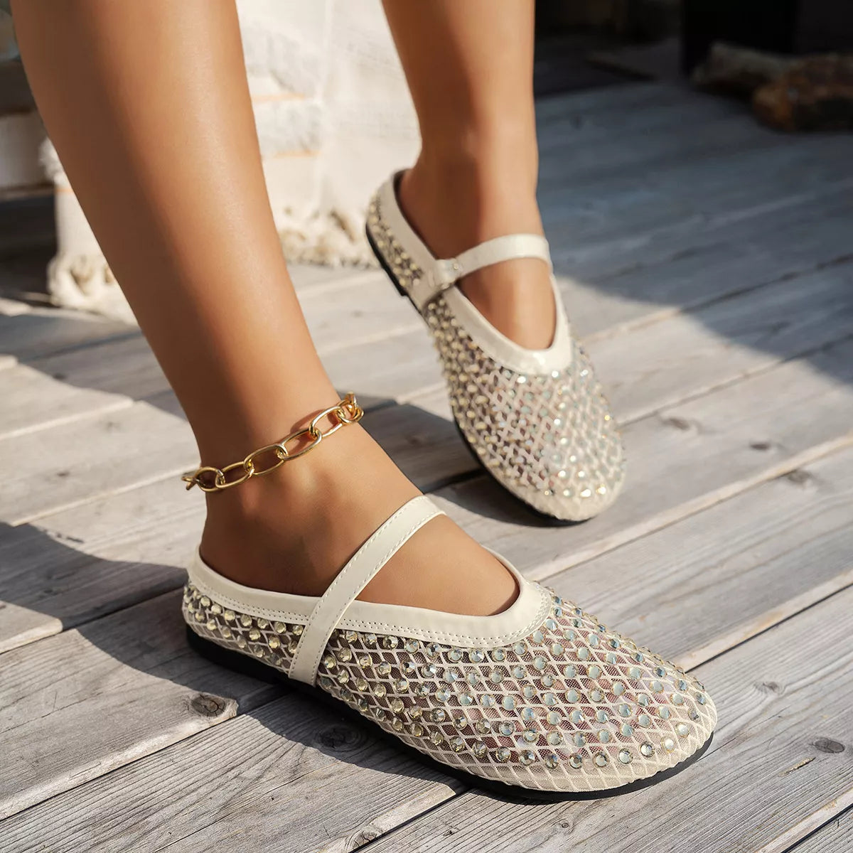 Shopimist sparkling mesh ballet flats sandals featuring a sleek design with shimmering mesh material and comfortable flat sole.