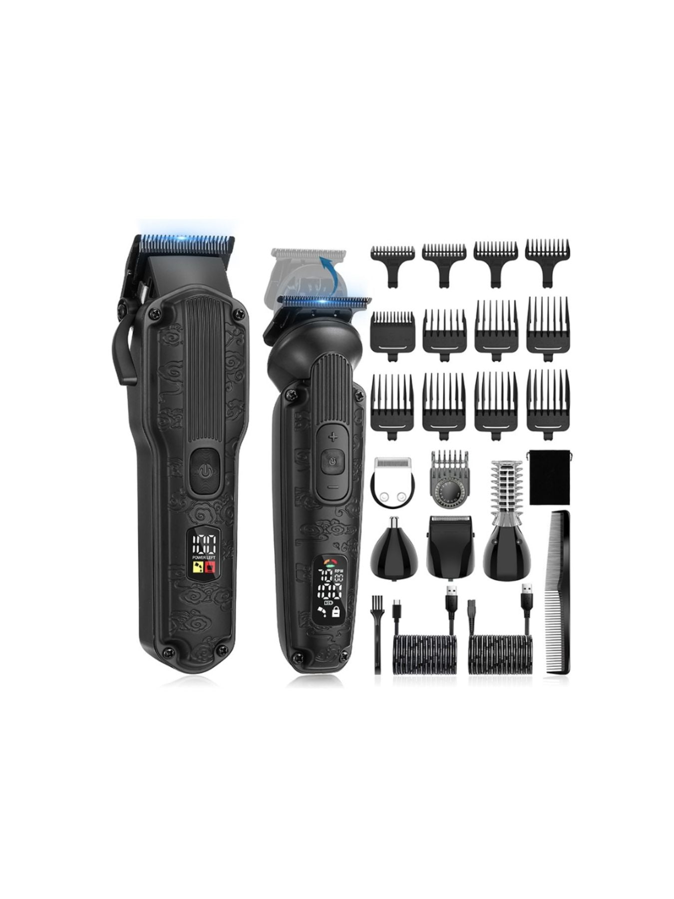 Professional 19-piece LED display hair clipper and grooming kit for men with various attachments and sleek black design.