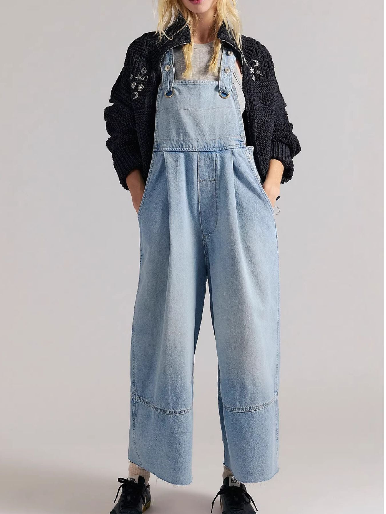 Lightweight raw hem wide-leg denim overalls jumpsuit by Trendsi, featuring casual chic style and relaxed fit with functional pockets.