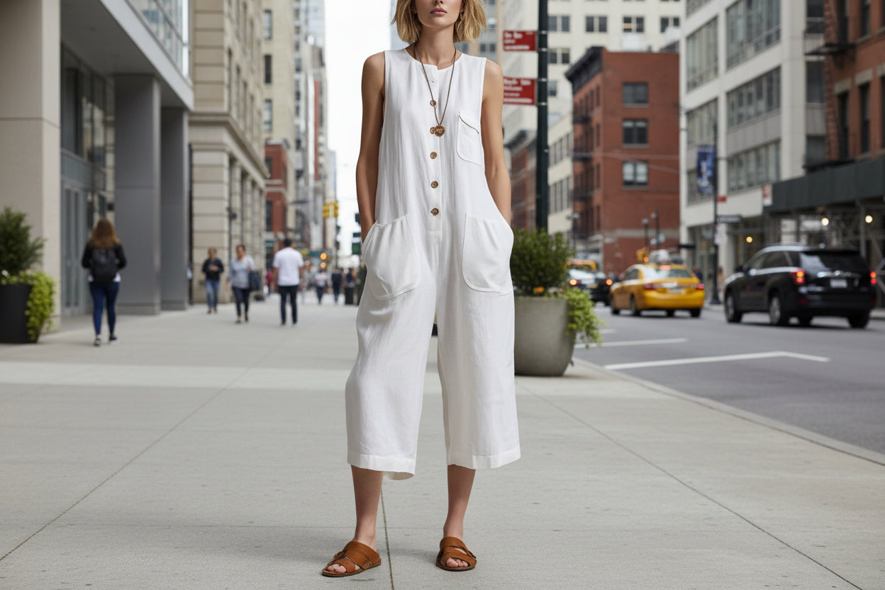 Women's retro sleeveless wide-leg cropped jumpsuit from FitiqueFit, casualwear with a stylish, relaxed fit and wide-leg design.