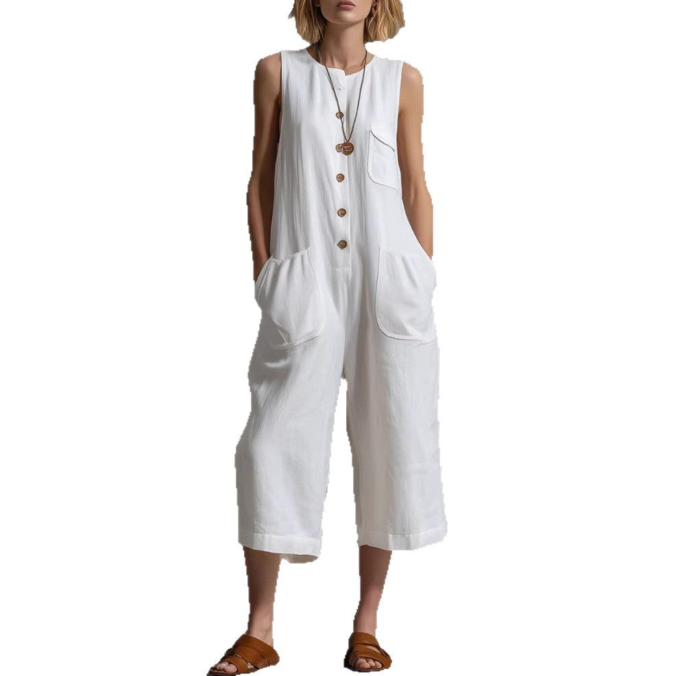 LadyShow.Store retro sleeveless cotton-linen wide-leg cropped jumpsuit displayed on a model, showcasing its relaxed fit and stylish design.