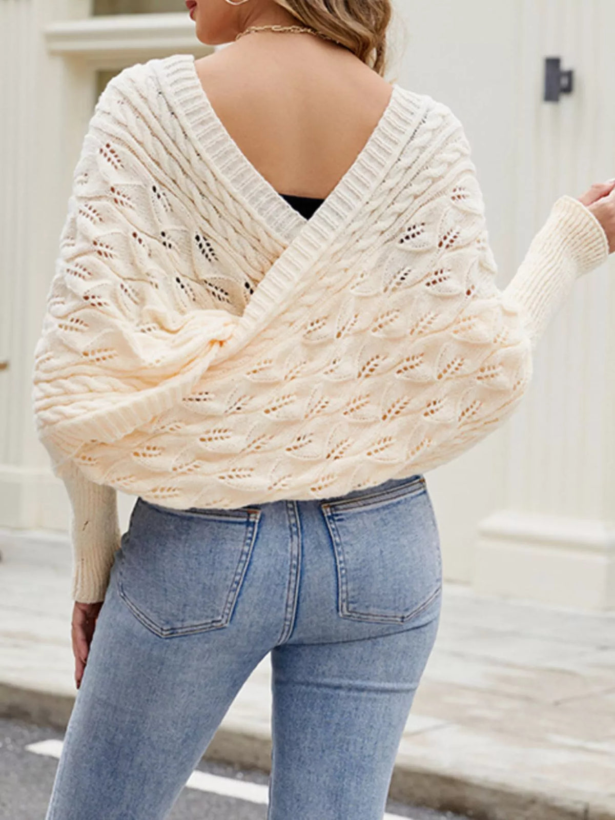 Plush Fashion Hub cable knit batwing sleeve sweater shirt, featuring cozy knit fabric and stylish oversized batwing sleeves.