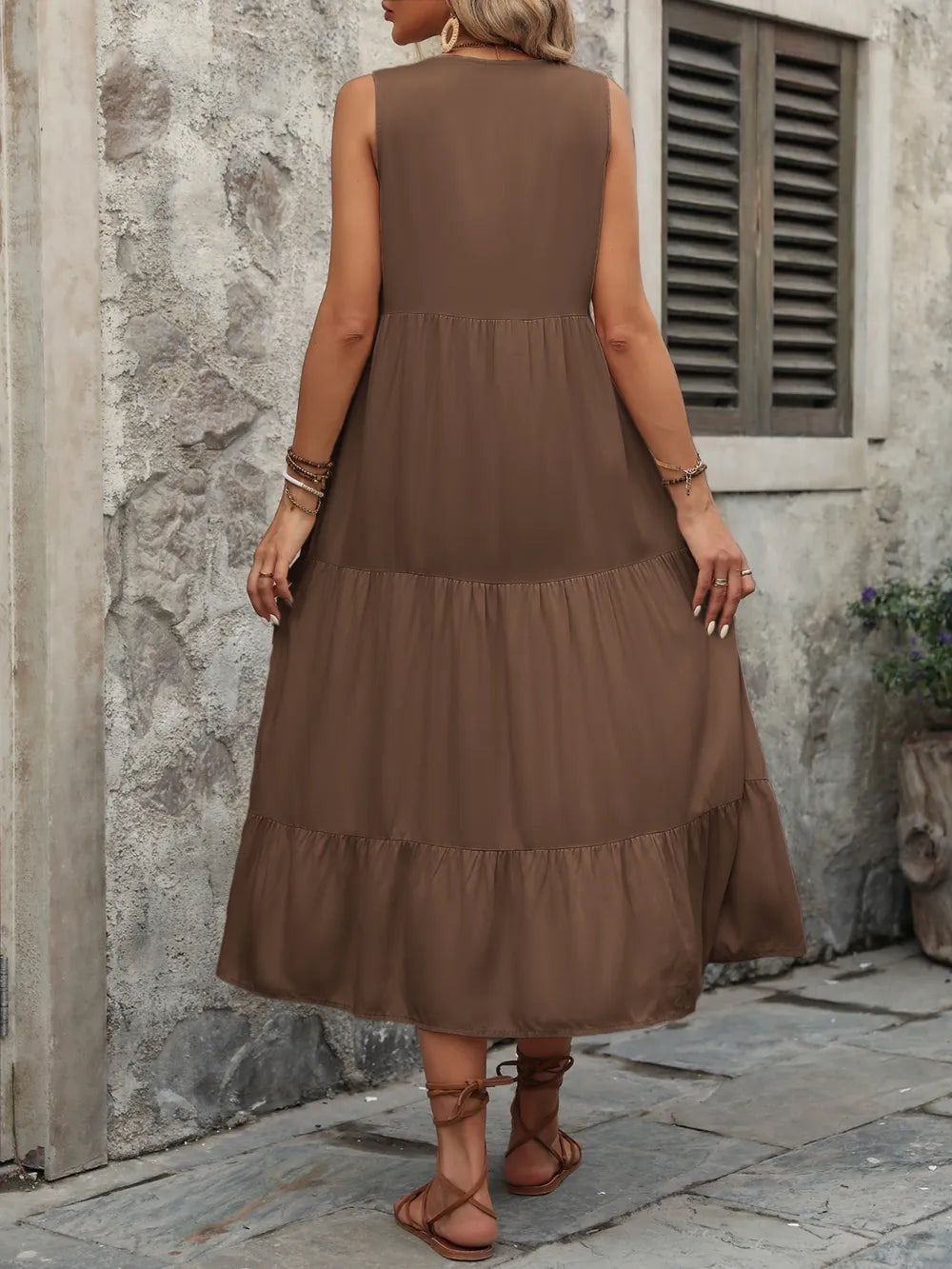 Ivy Lane women's sleeveless button-down dress with notched neckline made of 100% cotton, displayed on a hanger.