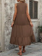 Ivy Lane women's sleeveless button-down dress with notched neckline made of 100% cotton, displayed on a hanger.