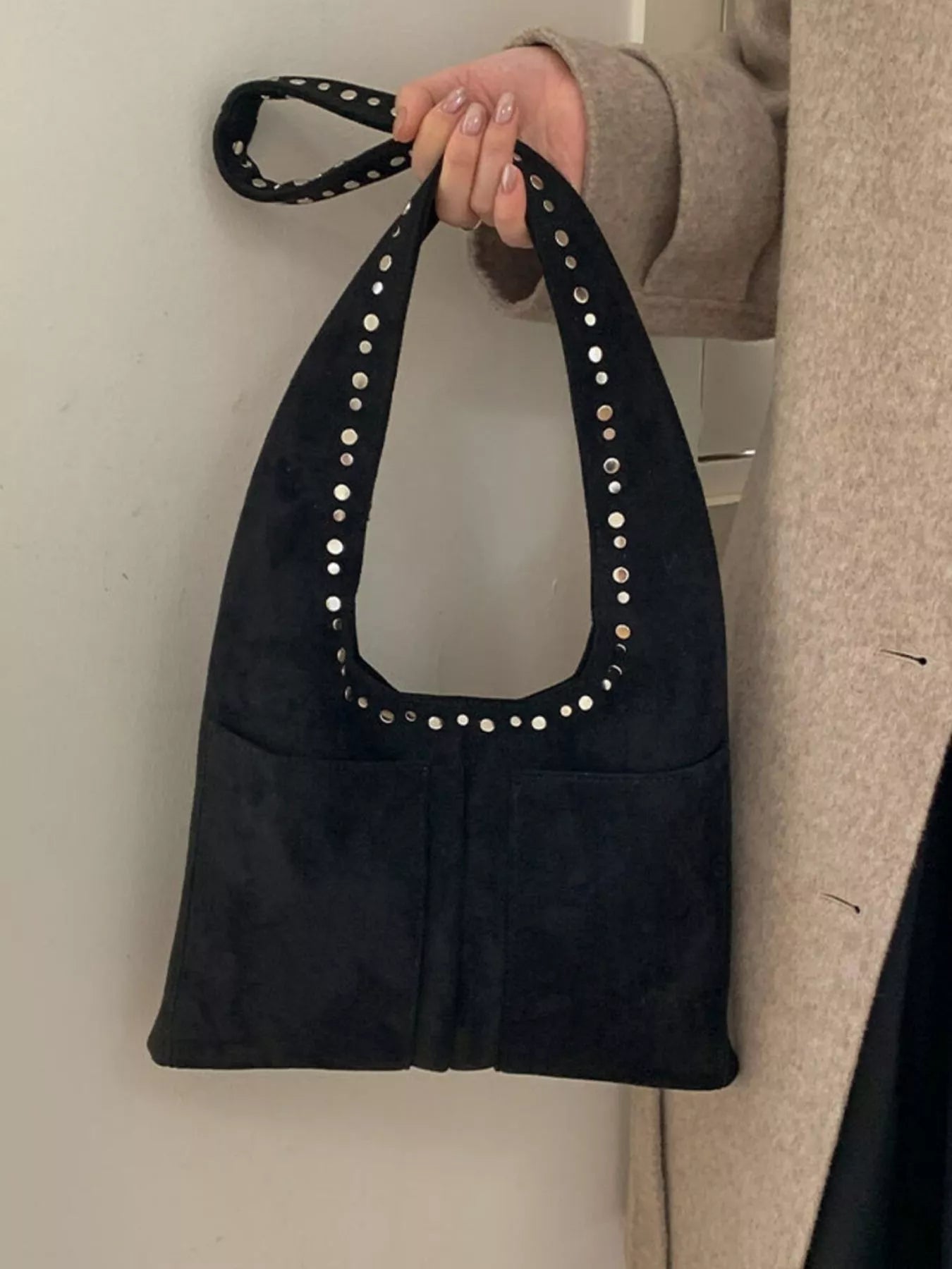 Simply Love studded suede shoulder handbag with silver hardware, featuring a stylish design and adjustable strap.