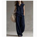 FitiqueFit sleeveless hooded top and wide-leg pants set in casualwear style, high-waist two-piece outfit on a model.