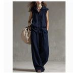 FitiqueFit sleeveless hooded top and wide-leg pants set in casualwear style, high-waist two-piece outfit on a model.