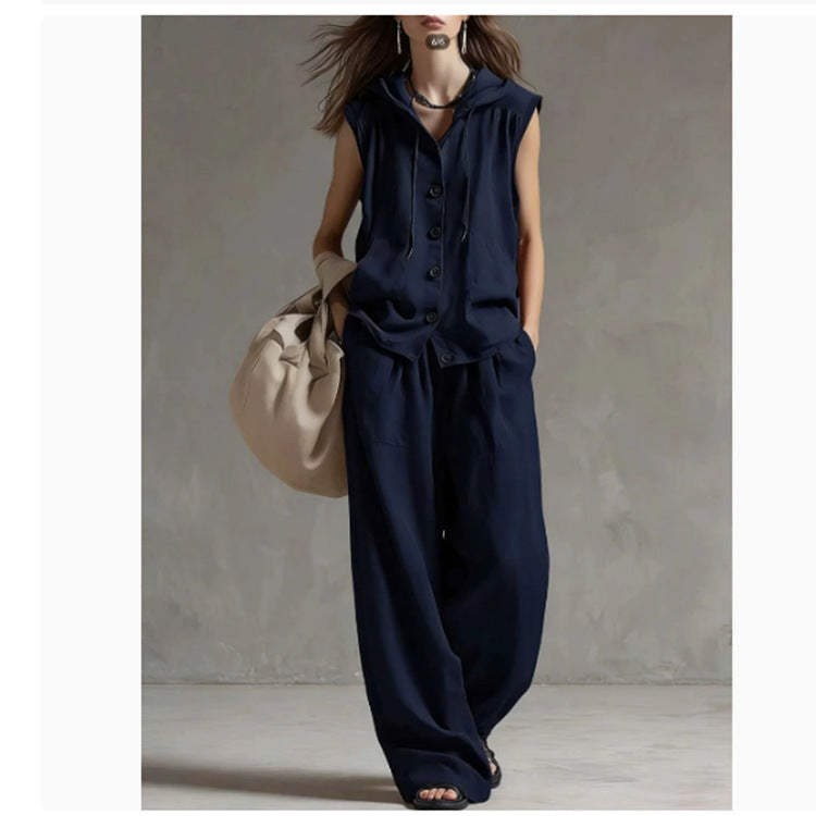 FitiqueFit sleeveless hooded top and wide-leg pants set in casualwear style, high-waist two-piece outfit on a model.