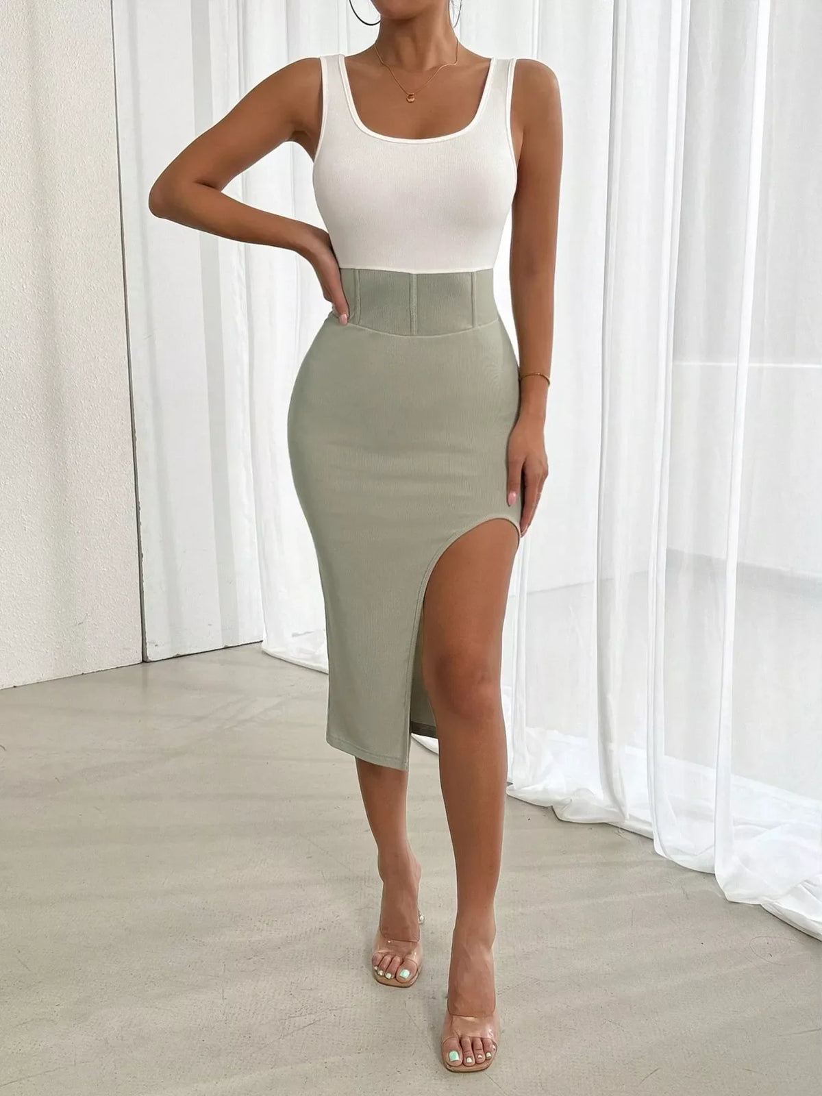Two-tone slit tank dress by Plush Fashion Hub featuring a stylish sleeveless design and high slit, perfect for casual or summer wear.