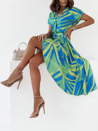 Printed button-front midi dress with belt from Shopimist, featuring a stylish, flowy design and a waist-defining belt.