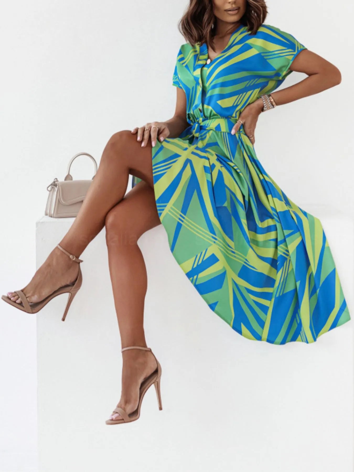Printed button-front midi dress with belt from Shopimist, featuring a stylish, flowy design and a waist-defining belt.
