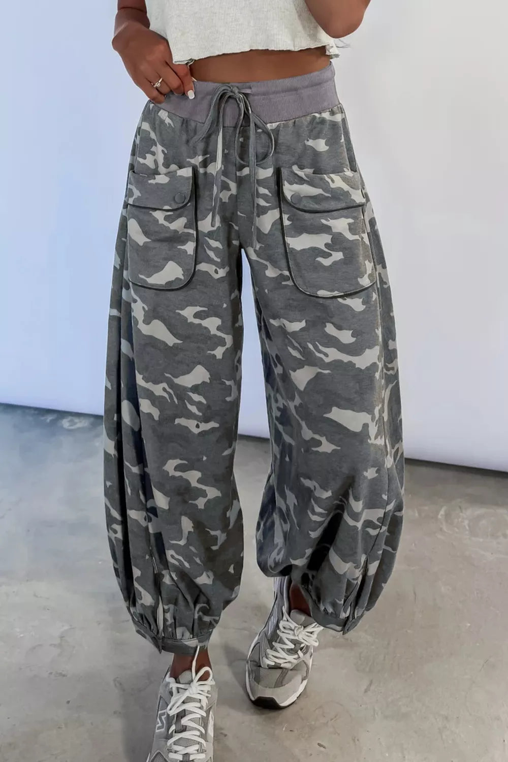 Multicolour camouflage cargo barrel pants with drawstring waist and contrast waistband from Plush Fashion Hub